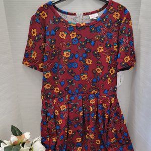 New Womens LuLaRoe Amelia Floral Flower Dress Zipper Burgundy Red Blue SS 2XL